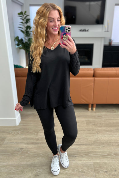Hazel Blues® |  Buttery Soft V-Neck Long Sleeve Loungewear Set in Black