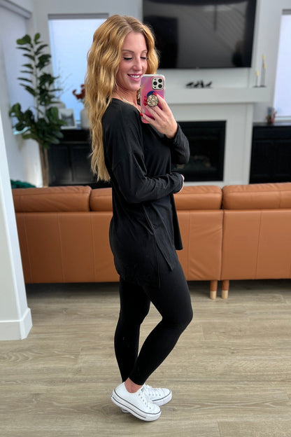 Hazel Blues® |  Buttery Soft V-Neck Long Sleeve Loungewear Set in Black