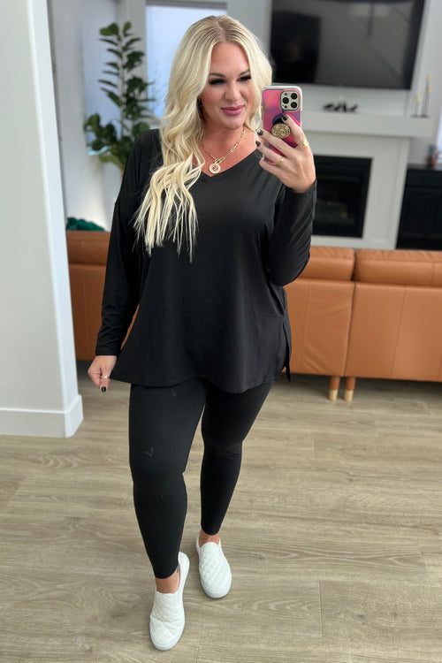 Hazel Blues® |  Buttery Soft V-Neck Long Sleeve Loungewear Set in Black