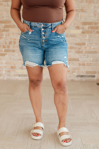 Hazel Blues® |  Kara High Rise Rigid Magic Button Fly Cutoff Shorts