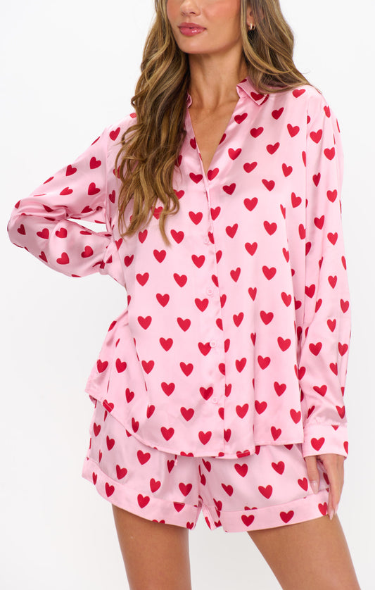Early Riser PJ Set ~ Pink Queen Of Hearts Silky