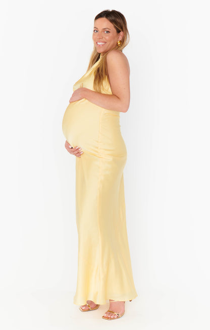 Jasmine Halter Maxi Dress ~ Pale Yellow Luxe Satin