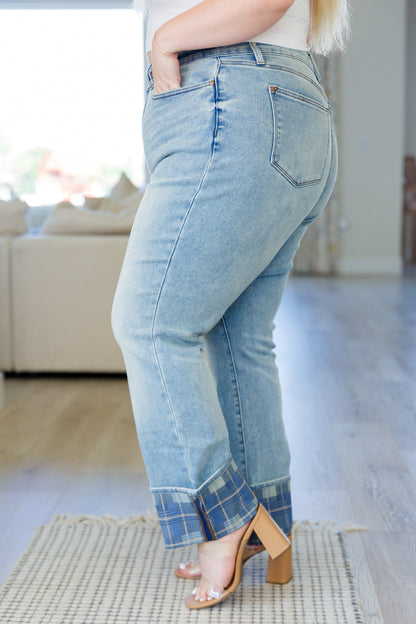Hazel Blues® |  Miranda High Rise Plaid Cuff Vintage Straight Jeans