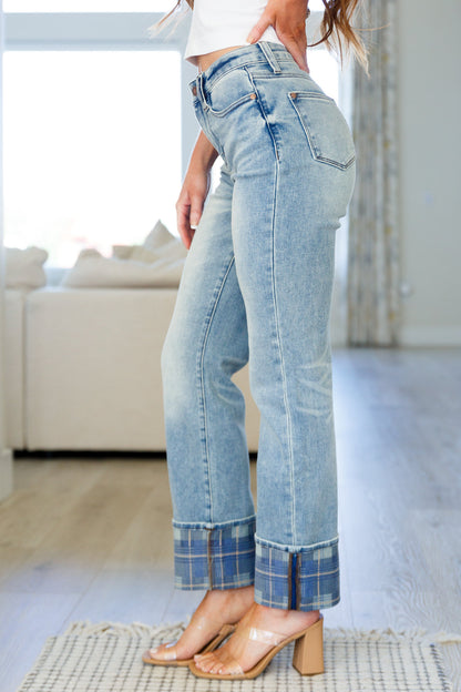 Hazel Blues® |  Miranda High Rise Plaid Cuff Vintage Straight Jeans