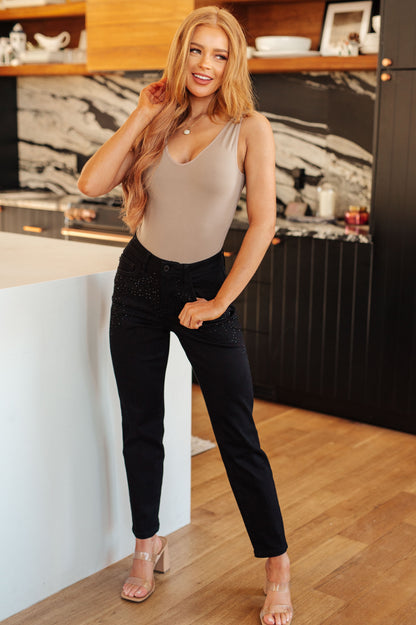 Hazel Blues® |  Reese Rhinestone Slim Fit Jeans in Black