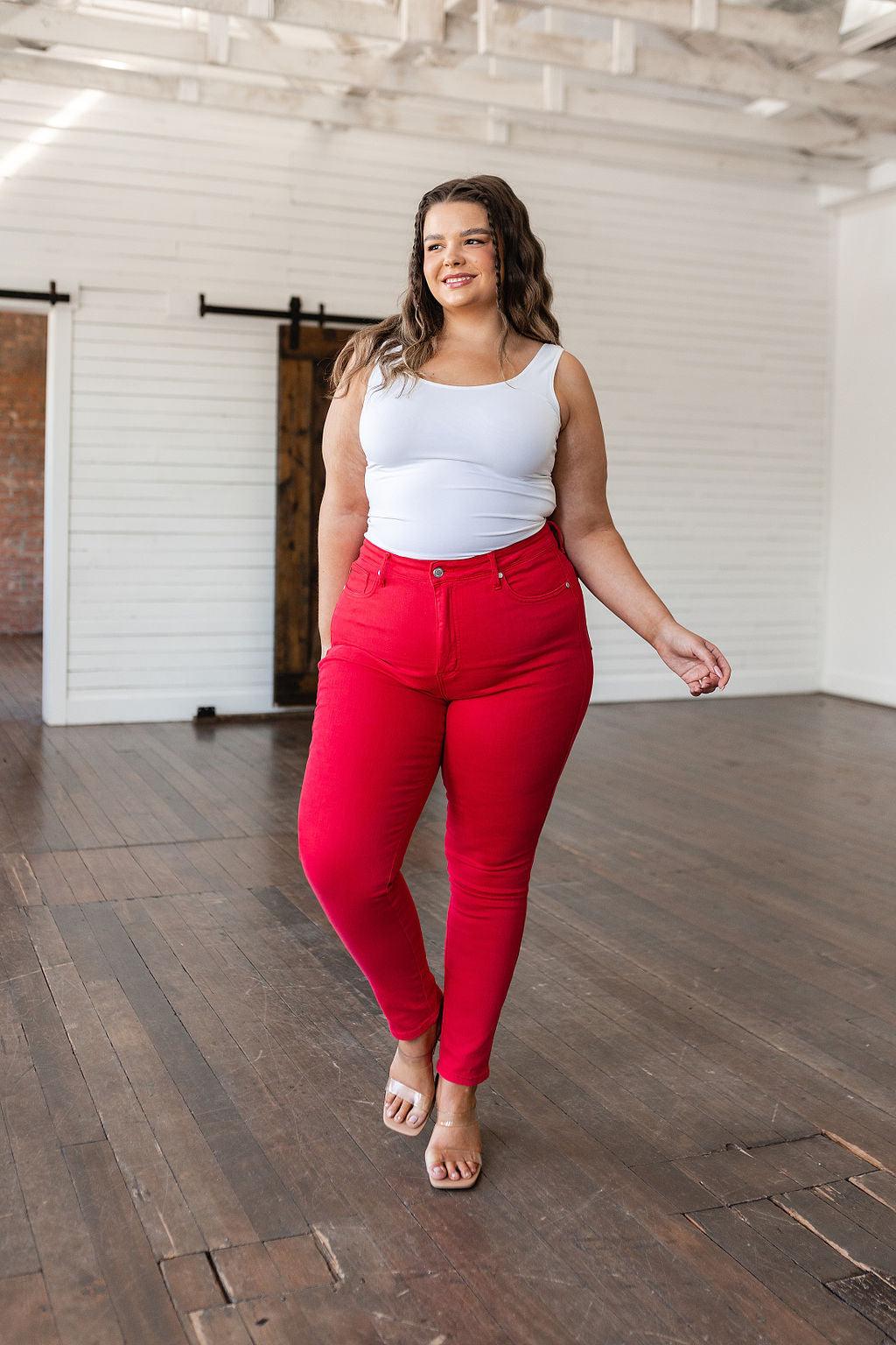 Hazel Blues® |  Ruby High Rise Control Top Garment Dyed Skinny Jeans in Red