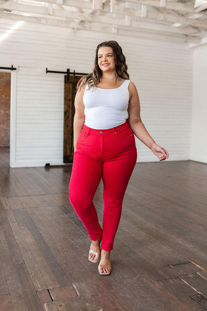 Hazel Blues® |  Ruby High Rise Control Top Garment Dyed Skinny Jeans in Red