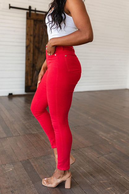 Hazel Blues® |  Ruby High Rise Control Top Garment Dyed Skinny Jeans in Red