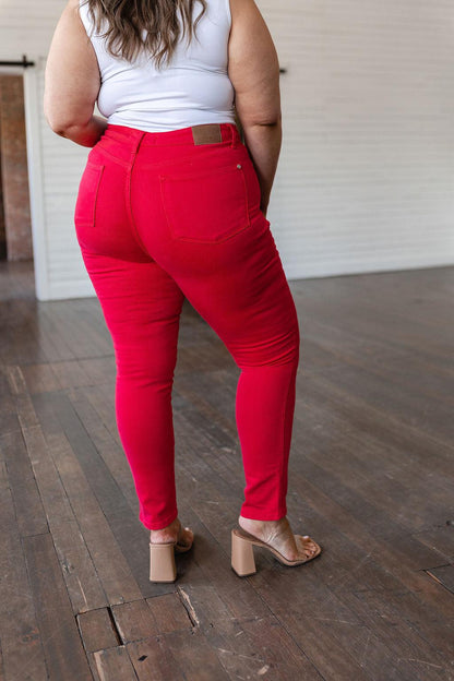 Hazel Blues® |  Ruby High Rise Control Top Garment Dyed Skinny Jeans in Red
