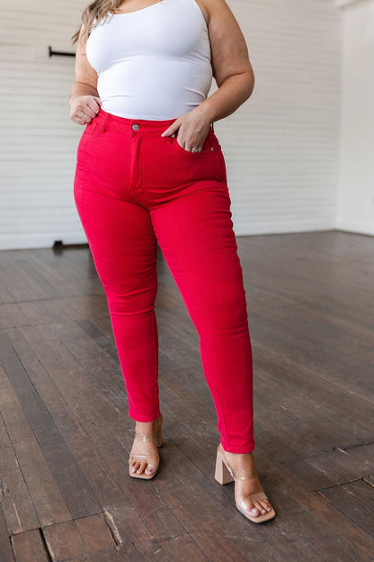 Hazel Blues® |  Ruby High Rise Control Top Garment Dyed Skinny Jeans in Red