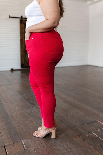 Hazel Blues® |  Ruby High Rise Control Top Garment Dyed Skinny Jeans in Red