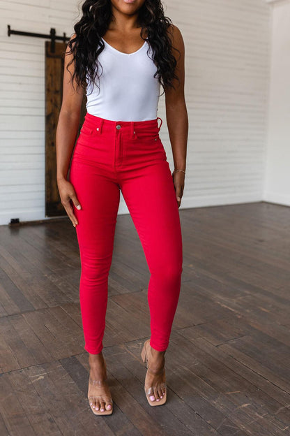 Hazel Blues® |  Ruby High Rise Control Top Garment Dyed Skinny Jeans in Red
