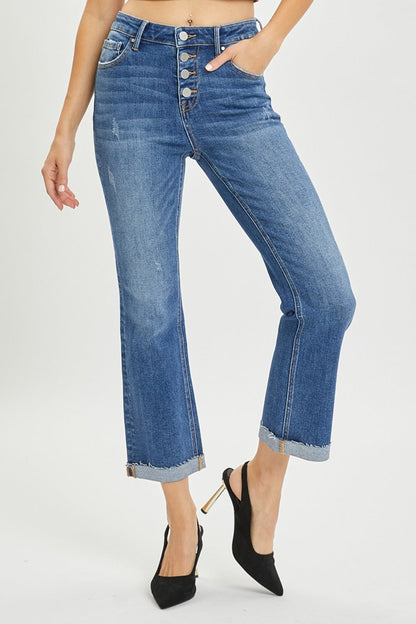 Hazel Blues® |  RISEN Button Fly Cropped Bootcut Jeans