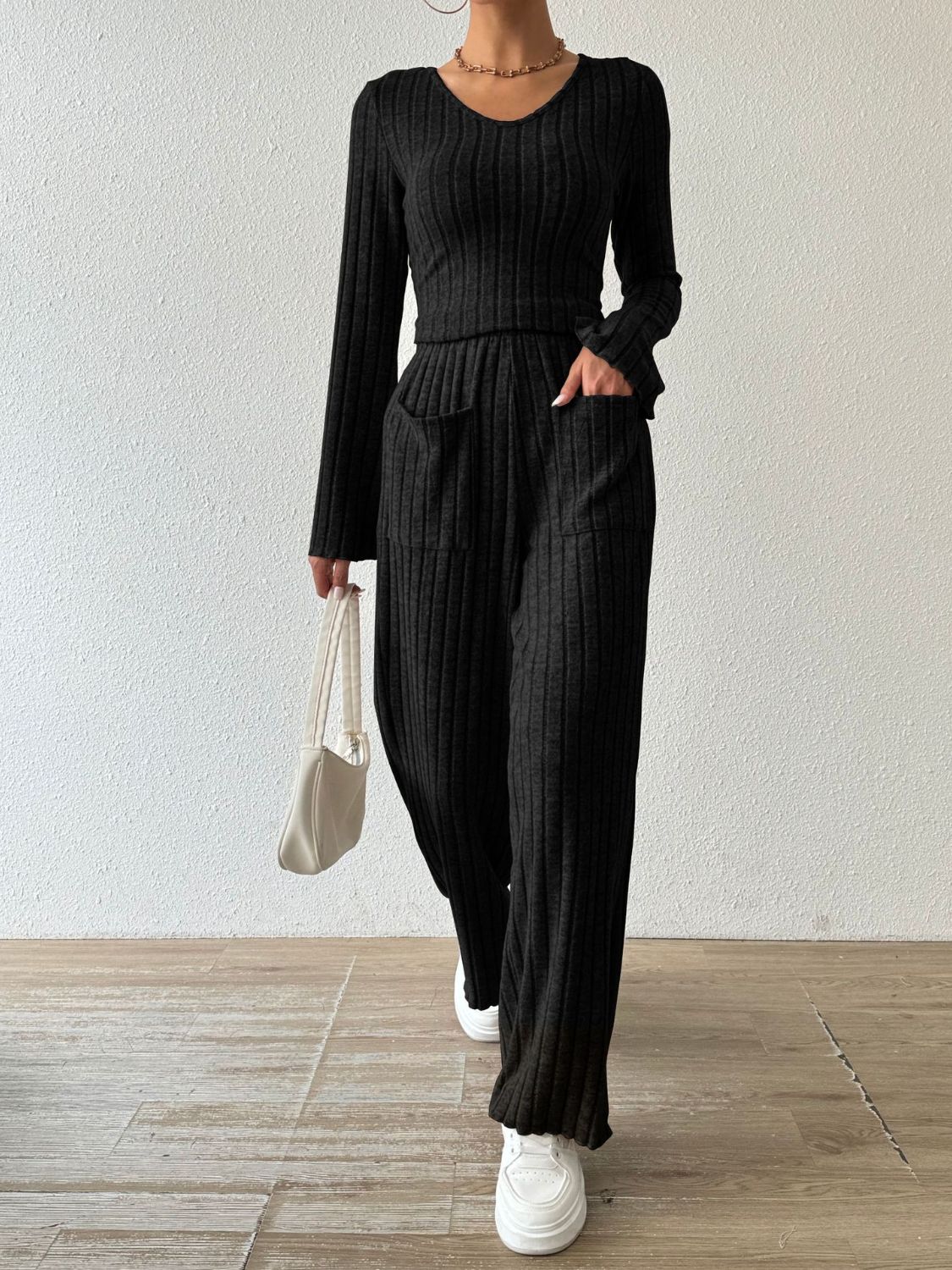 Hazel Blues® |  Ribbed V-Neck Long Sleeve Top and Pocketed Pants Set