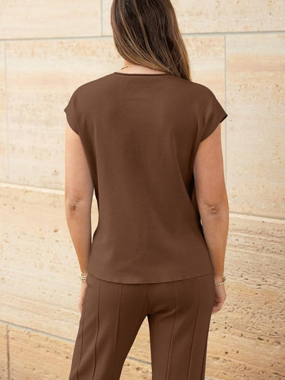 Hazel Blues® |  Round Neck Cap Sleeve Top and Pants Knit Set