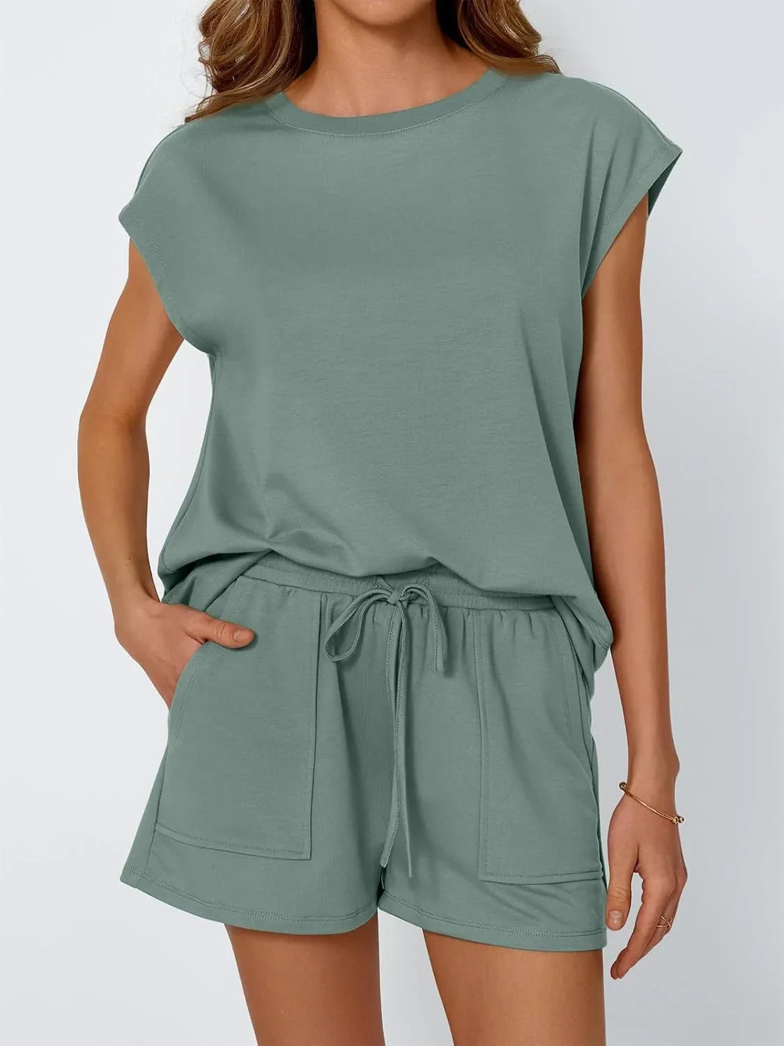Hazel Blues® |  Round Neck Cap Sleeve Top and Shorts Set