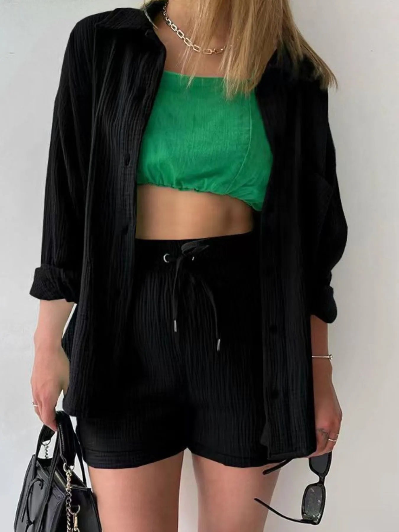 Hazel Blues® |  Textured Button Up Shirt and Shorts Set