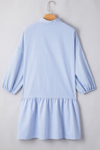Hazel Blues® |  Stripe Bubble Sleeve Chest Pockets Shirt Dress