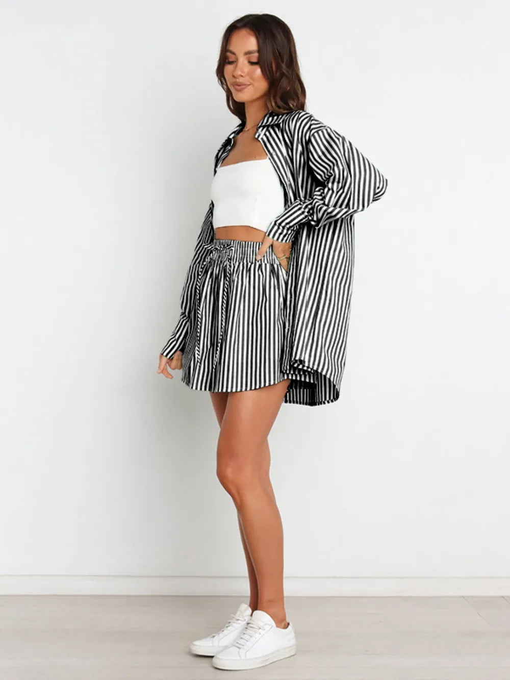 Hazel Blues® |  Striped Dropped Shoulder Shirt and Shorts Set