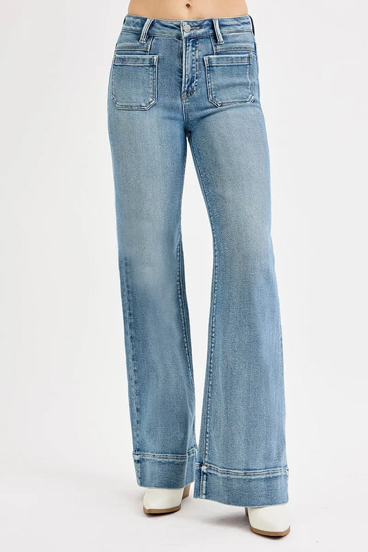 Hazel Blues® | RISEN High Rise Wide Flare Patch Pocket Jeans