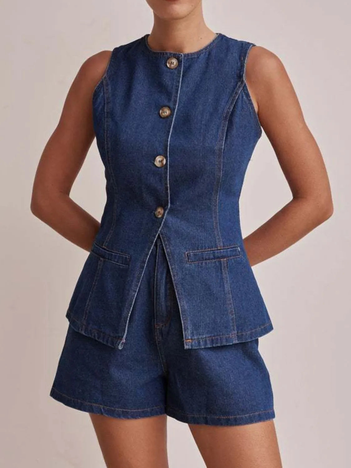 Hazel Blues® |  Button Down Vest and Shorts Denim Set