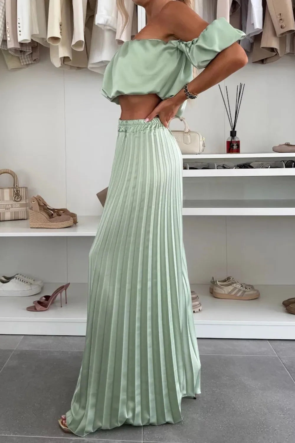 Hazel Blues® |  Off-Shoulder Top and Pleated Pants Set