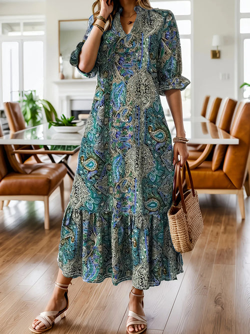 Hazel Blues® | Bohemian Paisley Print Ruffle Hem Midi Dress