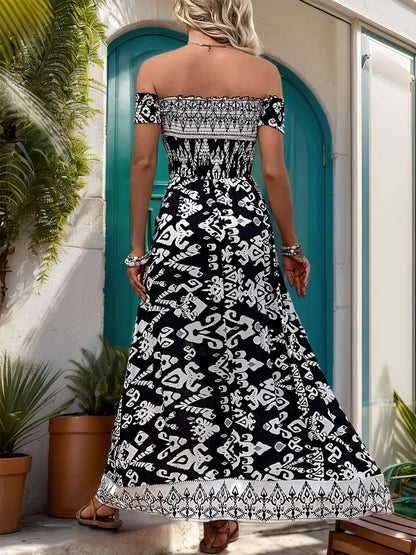 Hazel Blues® |  Perfee Slit Printed Off-Shoulder Dress