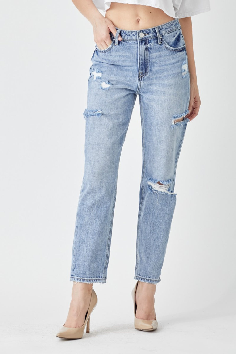 Hazel Blues® |  RISEN Distressed Slim Cropped Jeans
