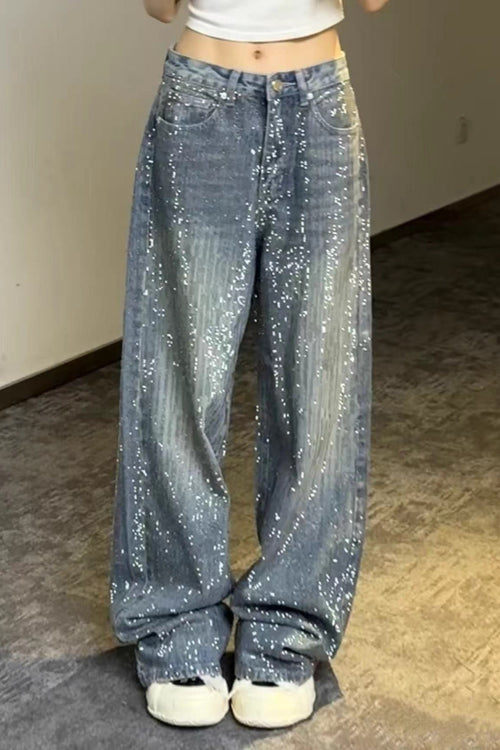 Sparkly All Rhinestone Washed Loose Wide Leg Jeans