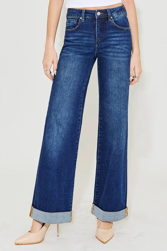 Hazel Blues® | RISEN Tummy Control High Rise Wide Leg Cuffed Jeans