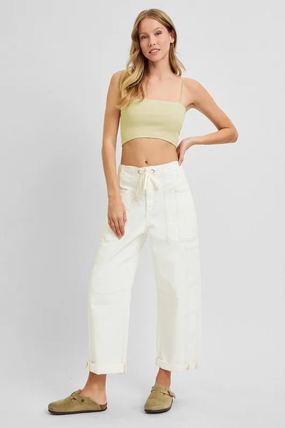 Hazel Blues® | RISEN High Rise Crop Wide Barrel Cargo Pocket Jeans