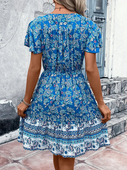 Hazel Blues® |  Perfee Printed V-Neck Flutter Sleeve Mini Dress