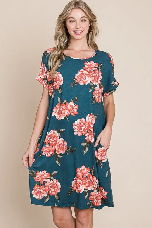 Hazel Blues® |  BOMBOM Floral Round Neck Short Tee Dress with Pockets