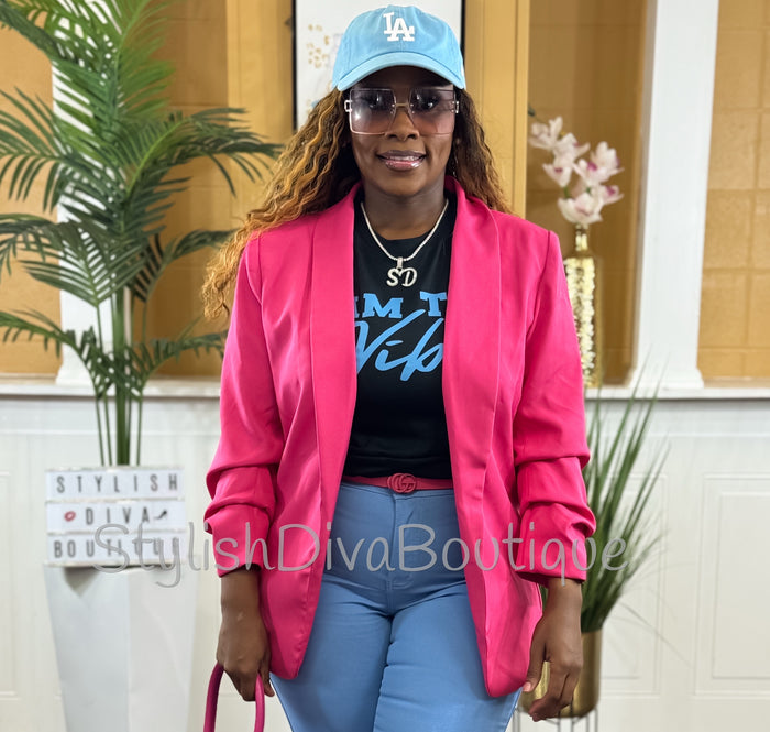 Back In Business Ruched Sleeve Blazer (Hot Pink)