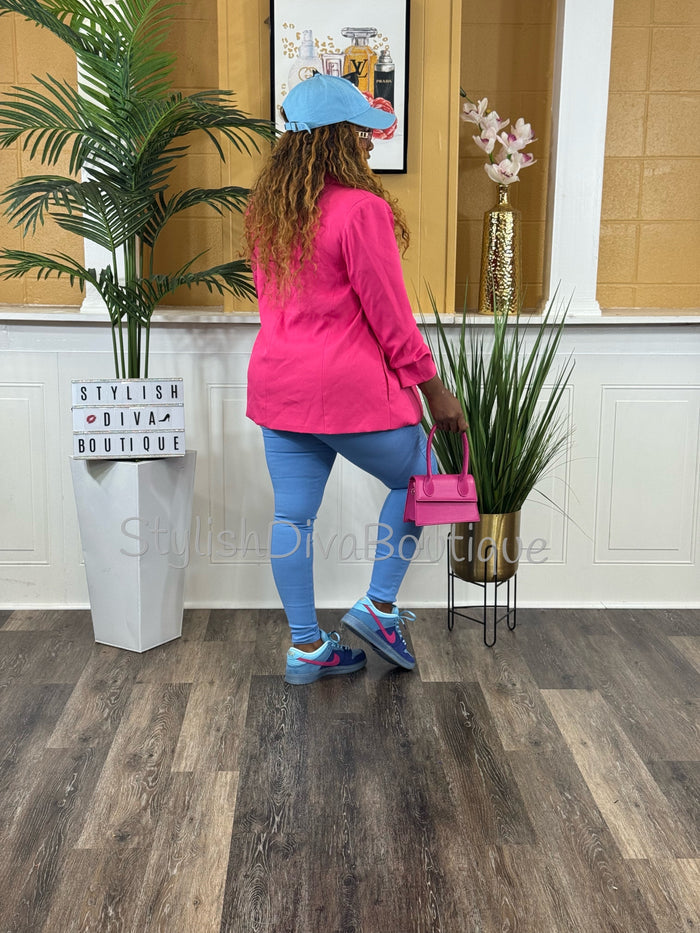 Back In Business Ruched Sleeve Blazer (Hot Pink)