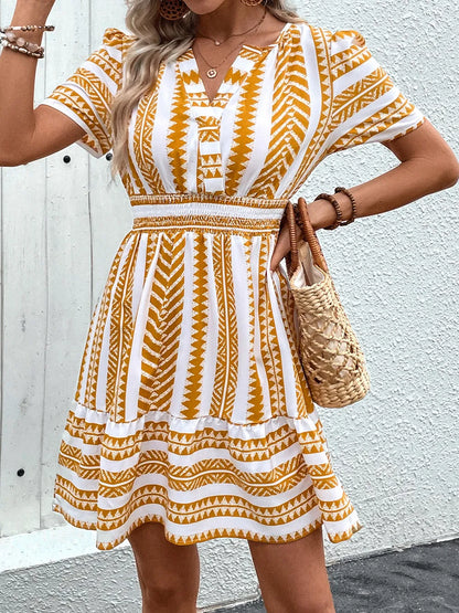 Hazel Blues® |  Perfee Geometric Notched Short Sleeve Mini Dress