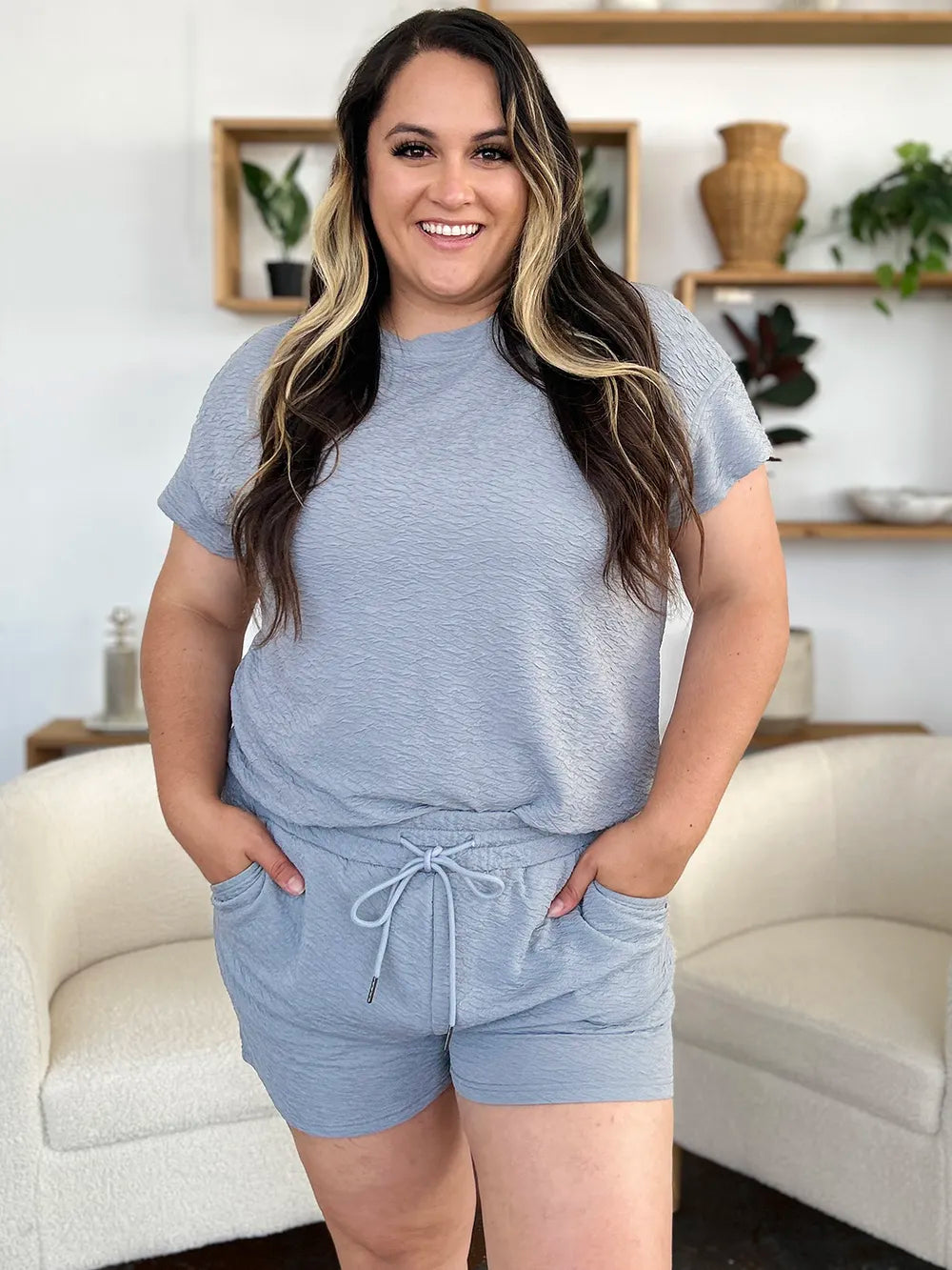Hazel Blues® |  Double Take Texture Short Sleeve T-Shirt and Drawstring Shorts Set