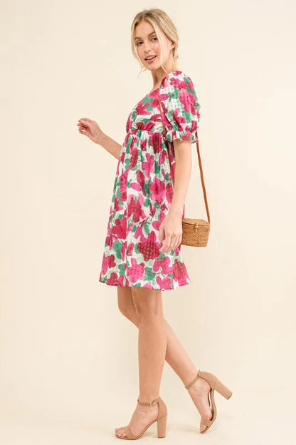 Hazel Blues® |  And The Why Smocked Floral Ruffle Short Sleeve Mini Dress