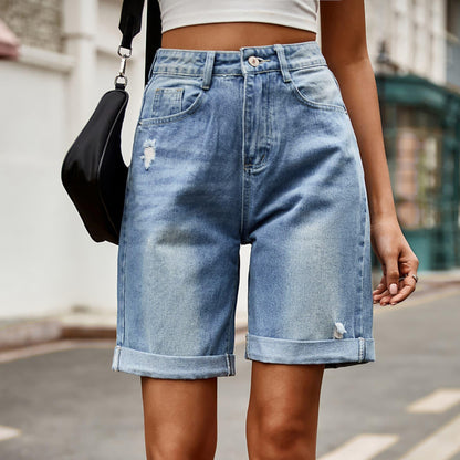 Hazel Blues® |  Distressed Buttoned Denim Shorts with Pockets