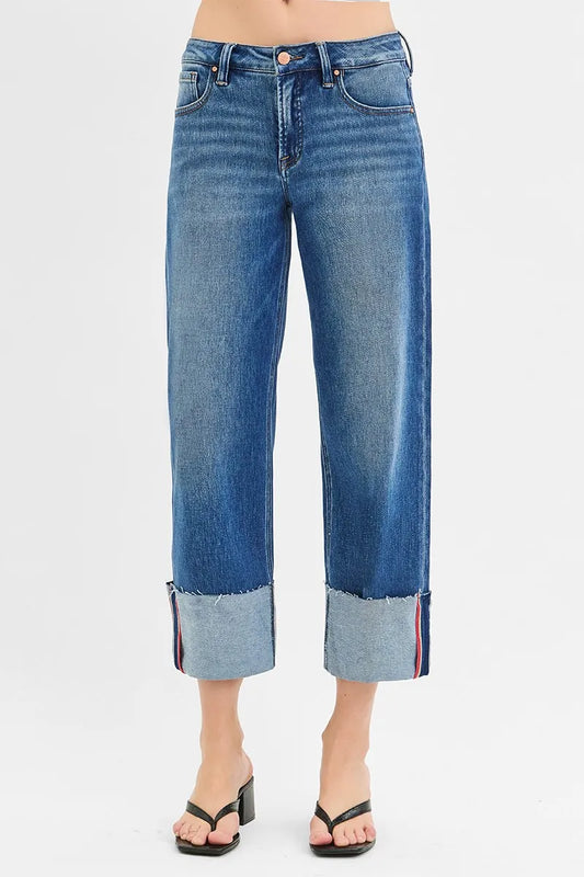 Hazel Blues® | RISEN Tummy Control Mid Rise Crop Wide Cuffed Jeans