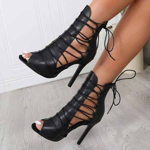 Black Side Lace Up High Heel Sandals
