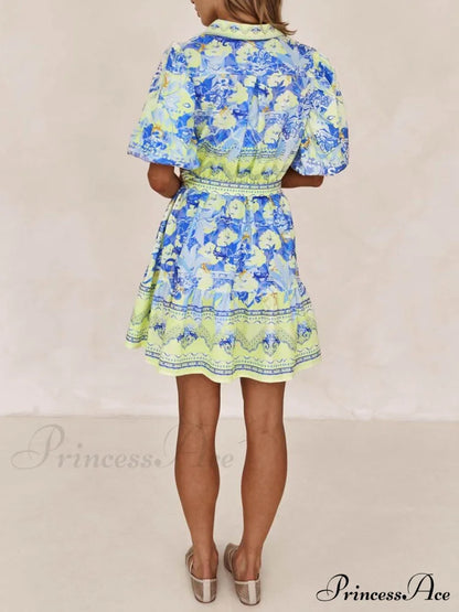Blue And Yellow Charming Floral Print Mini Dress