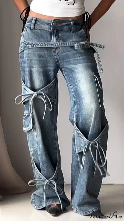 Bow Tie Strap Wide Leg Jeans