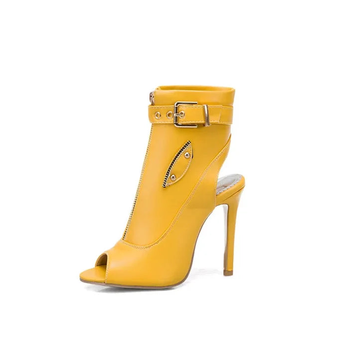 Buckle Front Zipper High Heel Ankle Boots