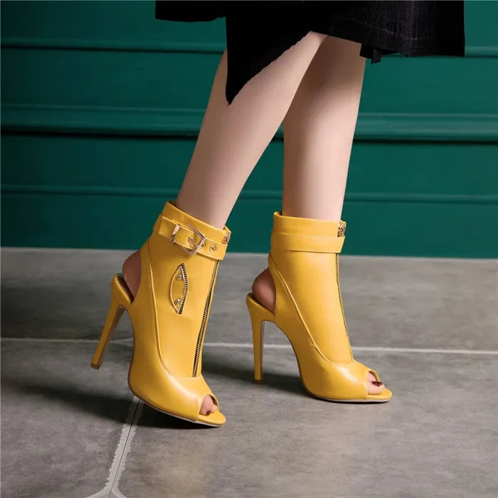 Buckle Front Zipper High Heel Ankle Boots