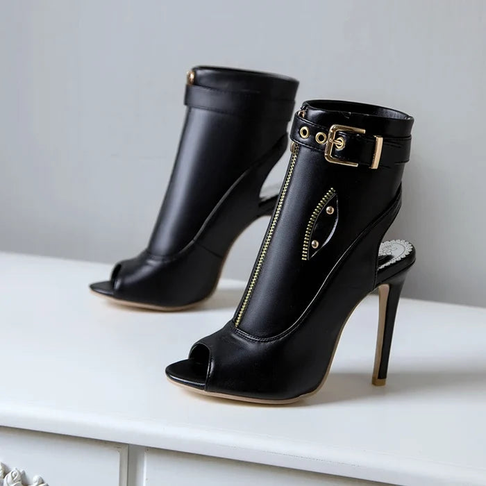 Buckle Front Zipper High Heel Ankle Boots