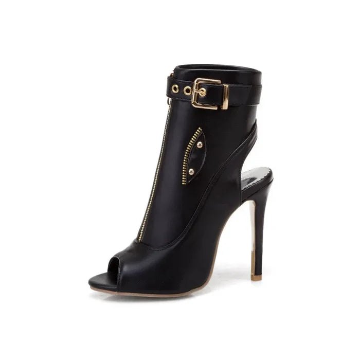 Buckle Front Zipper High Heel Ankle Boots