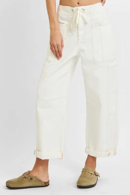 Hazel Blues® | RISEN High Rise Crop Wide Barrel Cargo Pocket Jeans