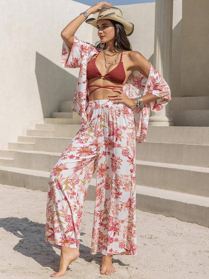 Hazel Blues® |  Printed Open Front Half Sleeve Top and Pants Set